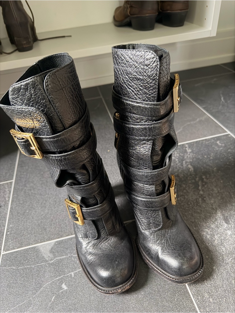Tory Burch Black Leather Buckle Mid-Calf Boots